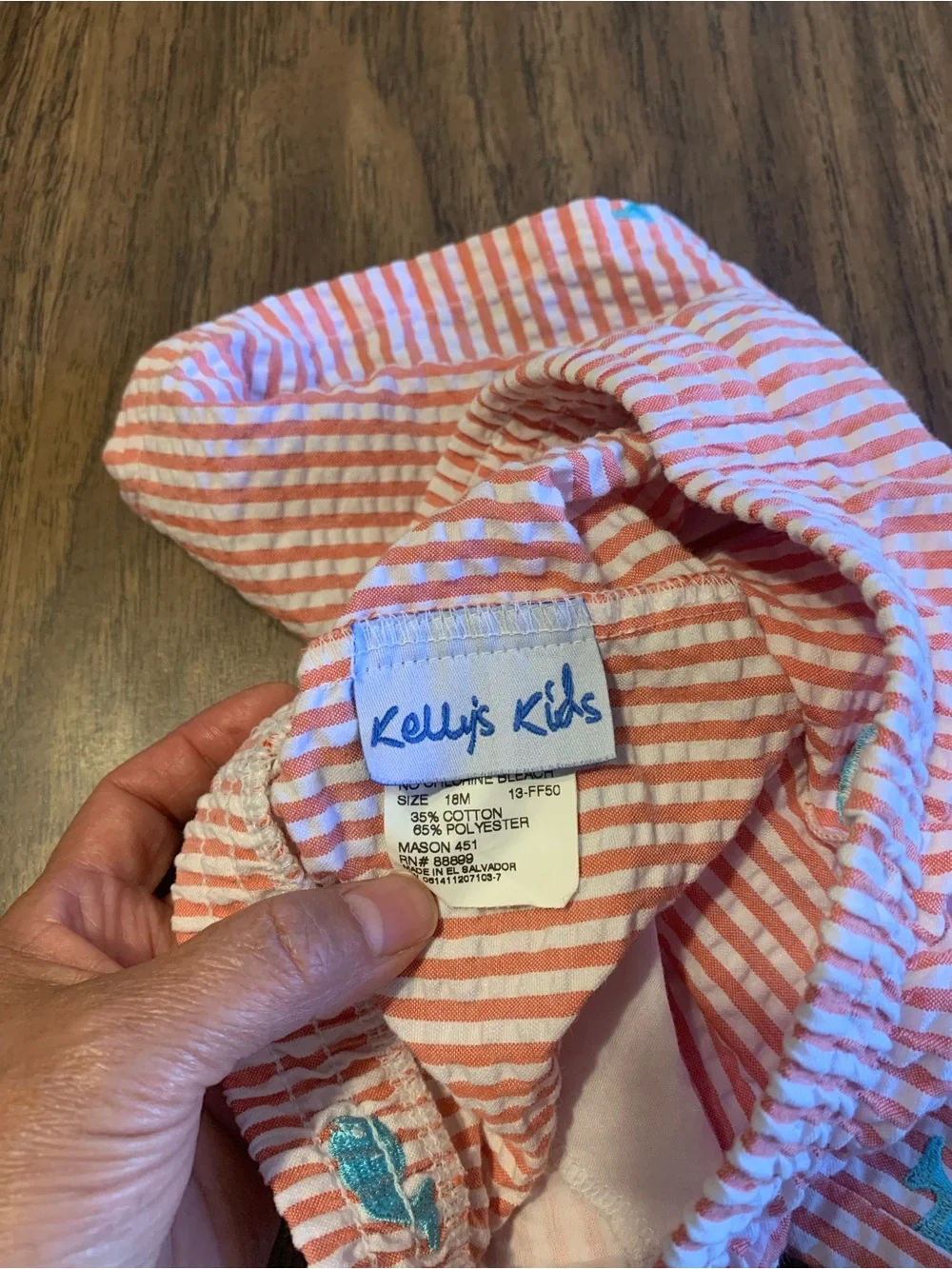 Kelly's Kids Coral and White Striped Shorts with Teal Whale Embroidery